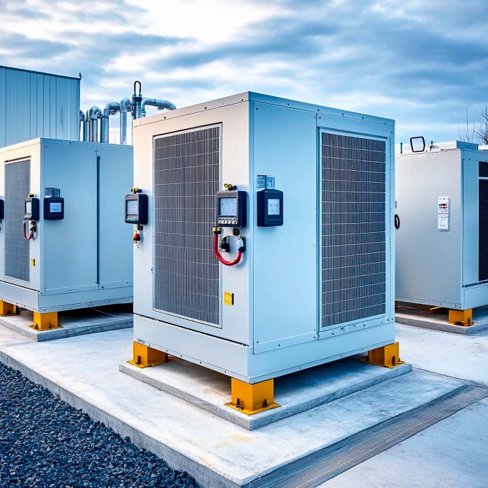 Cooling units stand in a modern industrial setting, surrounded by gravel and metal structures. The sky is painted with warm hues as the sun sets, casting a unique glow on the machinery.